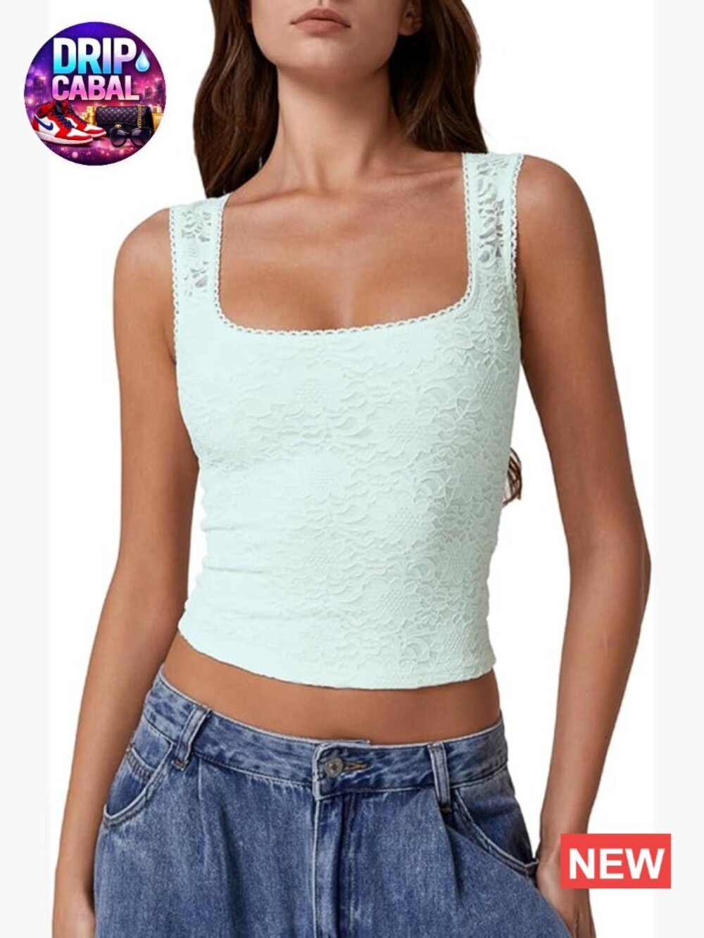 Lace Trim Square Neck Sleeveless Double-Layer Tank Top Slim Fit